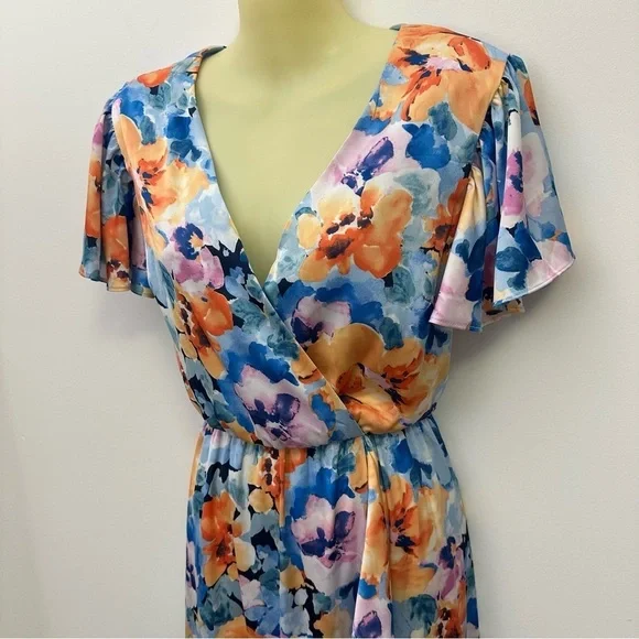 Nicole Miller Blue and Orange Floral Ruffle Front Tiered Maxi Dress size S - Picture 5 of 10